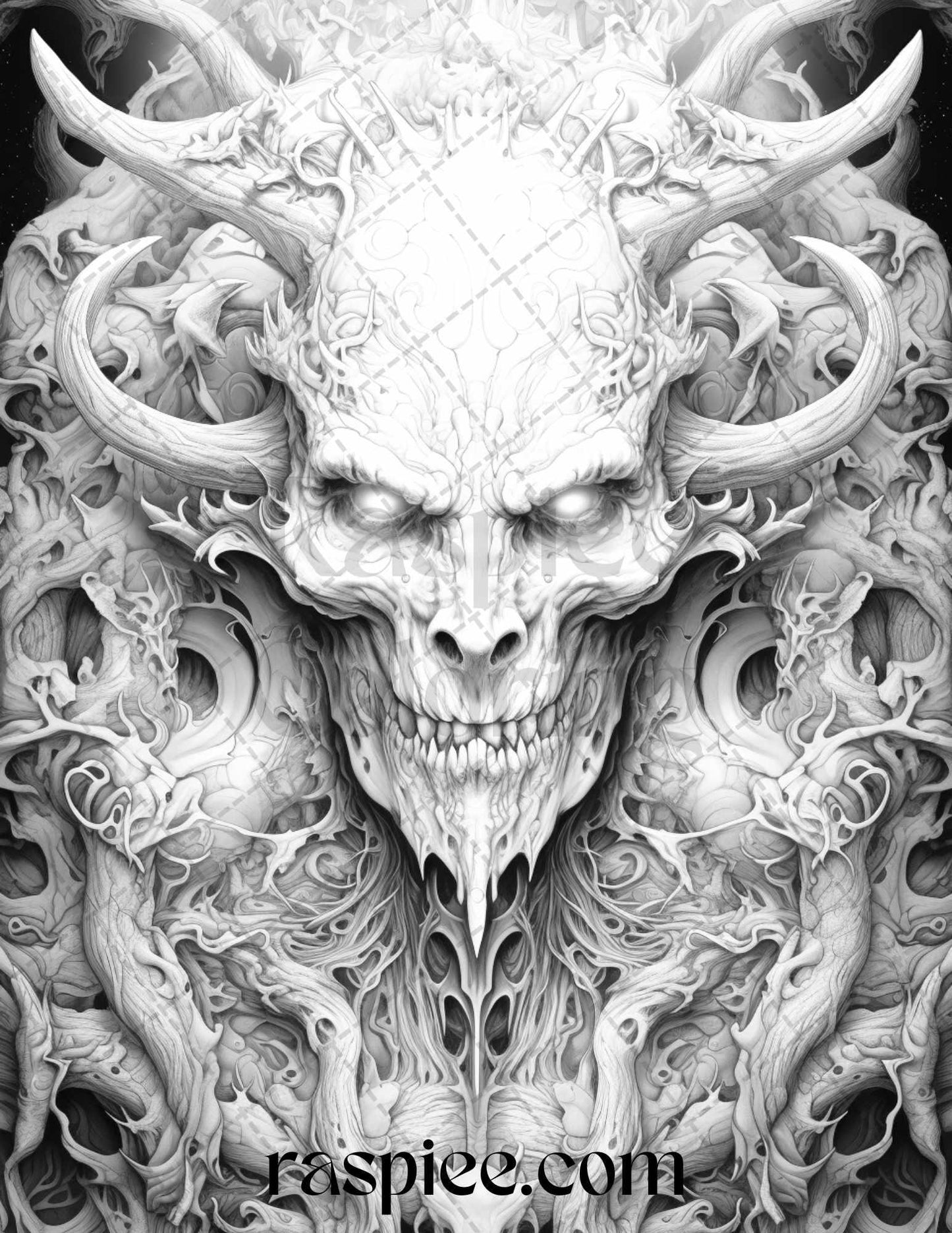 43 Fantasy Demons Grayscale Coloring Pages for Adults, Printable PDF File Instant Download