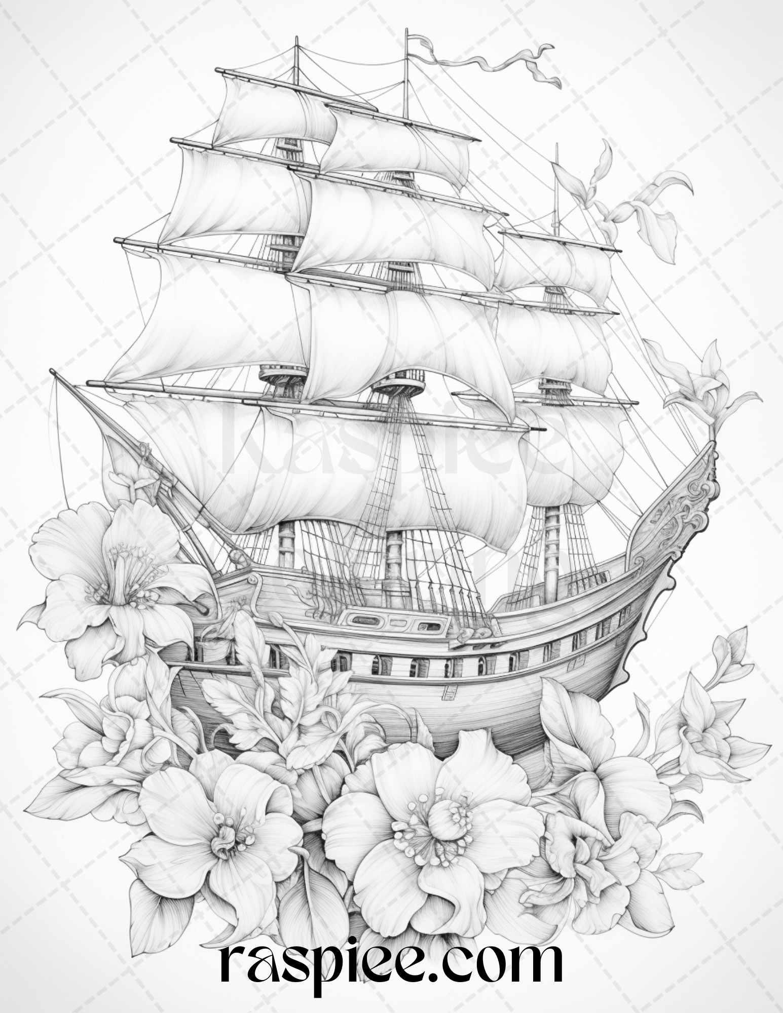 44 Flower Ships Graysale Coloring Pages Printable for Adults, PDF File Instant Download