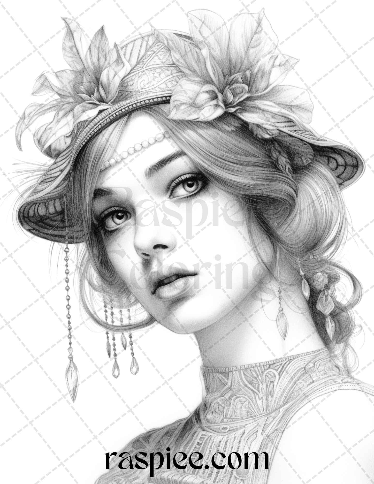 40 Beautiful Gatsby Girls Grayscale Coloring Pages Printable for Adults, PDF File Instant Download