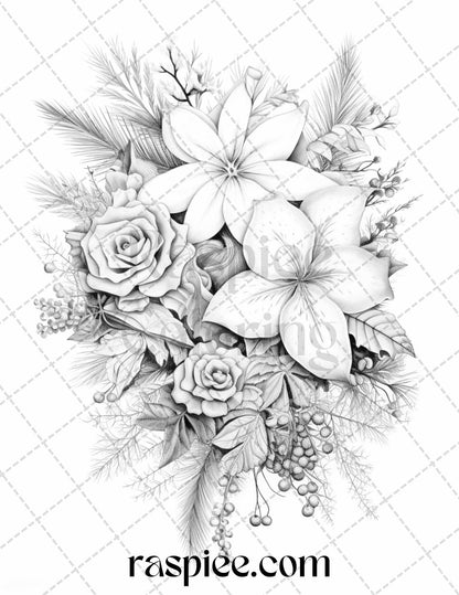 45 Christmas Flowers Grayscale Coloring Pages Printable for Adults, PDF File Instant Download