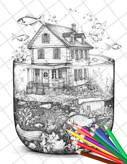 34 Fishtank Houses Coloring Book for Adults, Grayscale Coloring Page, Printable PDF Instant Download