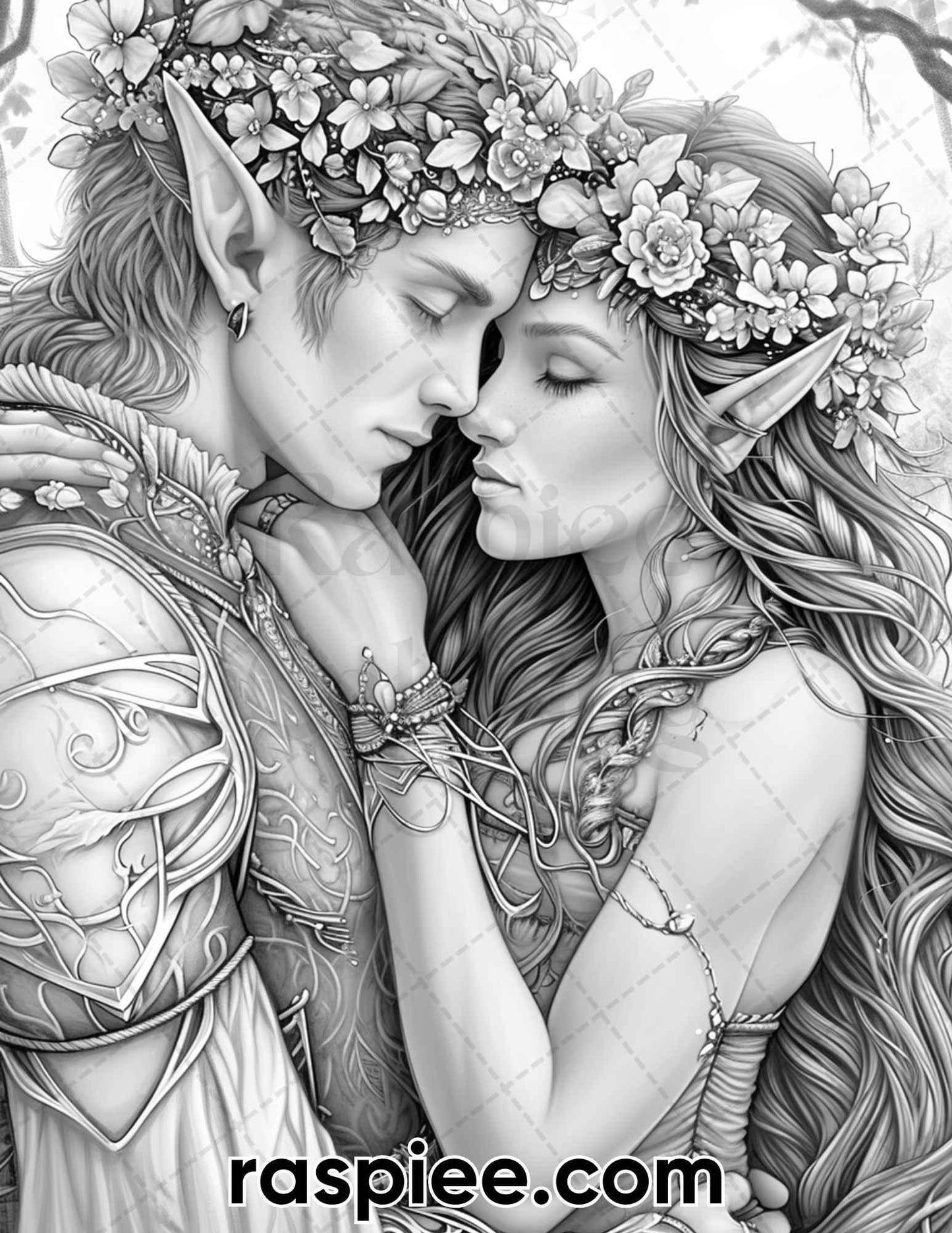 50 Romantic Elf Couple Portraits Adult Coloring Pages, Grayscale Illustration, Printable PDF Instant Download