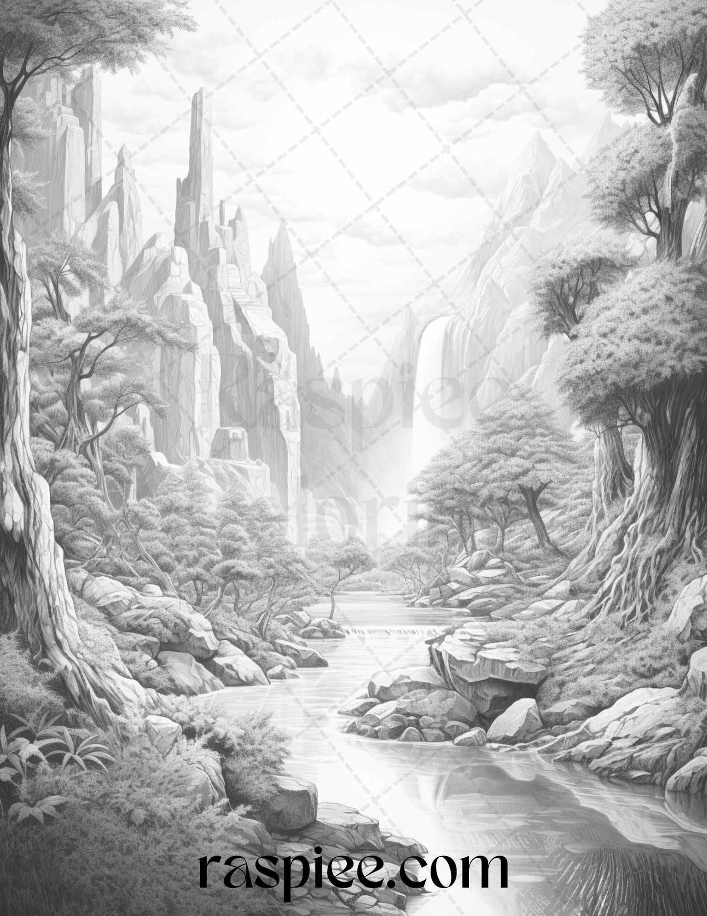 40 Fantasy Landscapes Grayscale Coloring Pages Printable for Adults, PDF File Instant Download