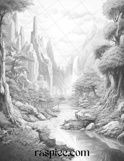 40 Fantasy Landscapes Grayscale Coloring Pages Printable for Adults, PDF File Instant Download