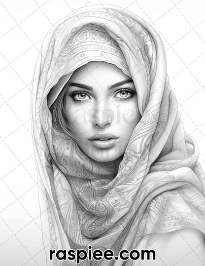 42 Arabian Woman Portrait Gayscale Coloring Pages for Adults, Printable PDF Instant Download