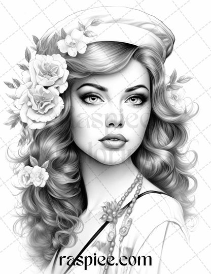 40 Sailor Pin Up Girls Grayscale Coloring Pages Printable for Adults, PDF File Instant Download