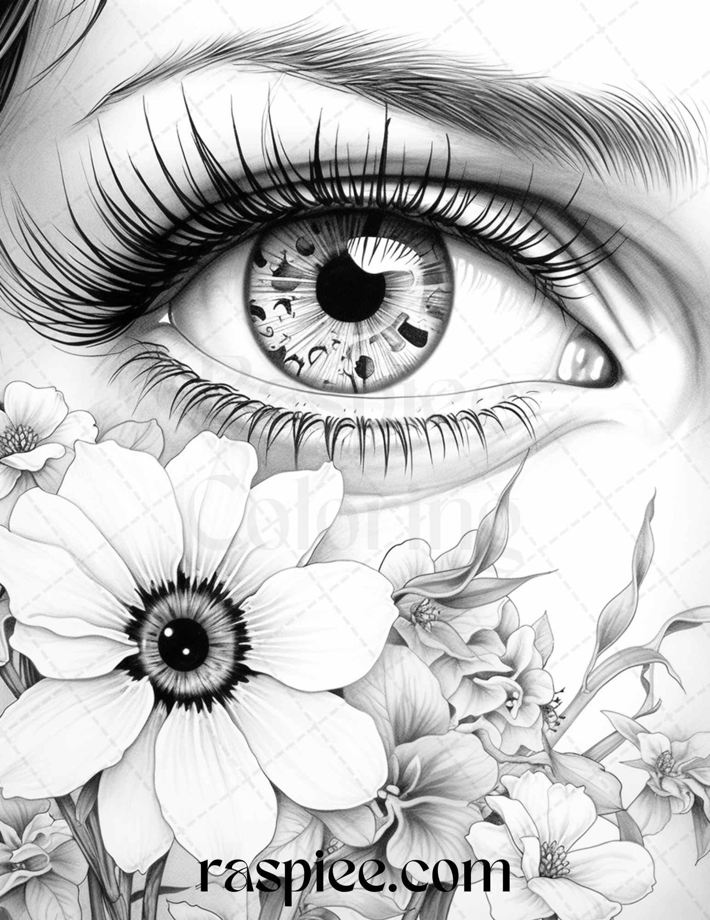 40 Charming Eyes Grayscale Coloring Pages Printable for Adults, PDF File Instant Download