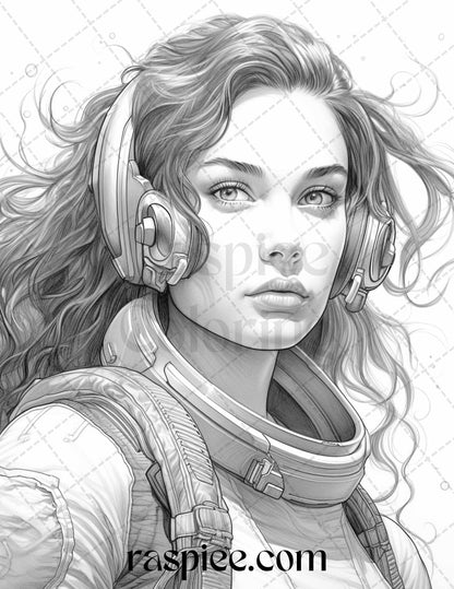 50 Astronaut Girl Portrait Grayscale Coloring Pages Printable for Adults, PDF File Instant Download