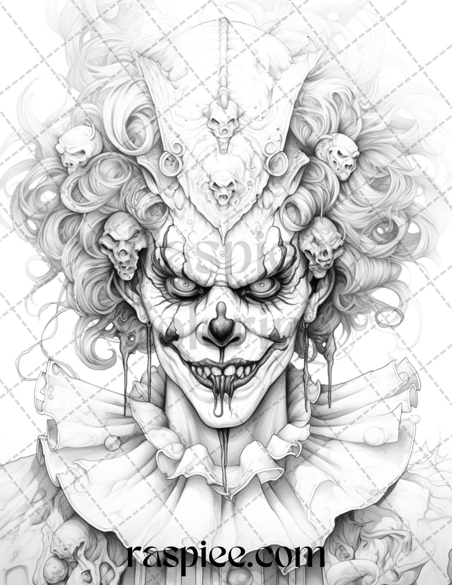 40 Spooky Clowns Grayscale Coloring Pages Printable for Adults, PDF File Instant Download