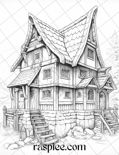 40 Viking Houses Grayscale Coloring Pages Printable for Adults, PDF File Instant Download