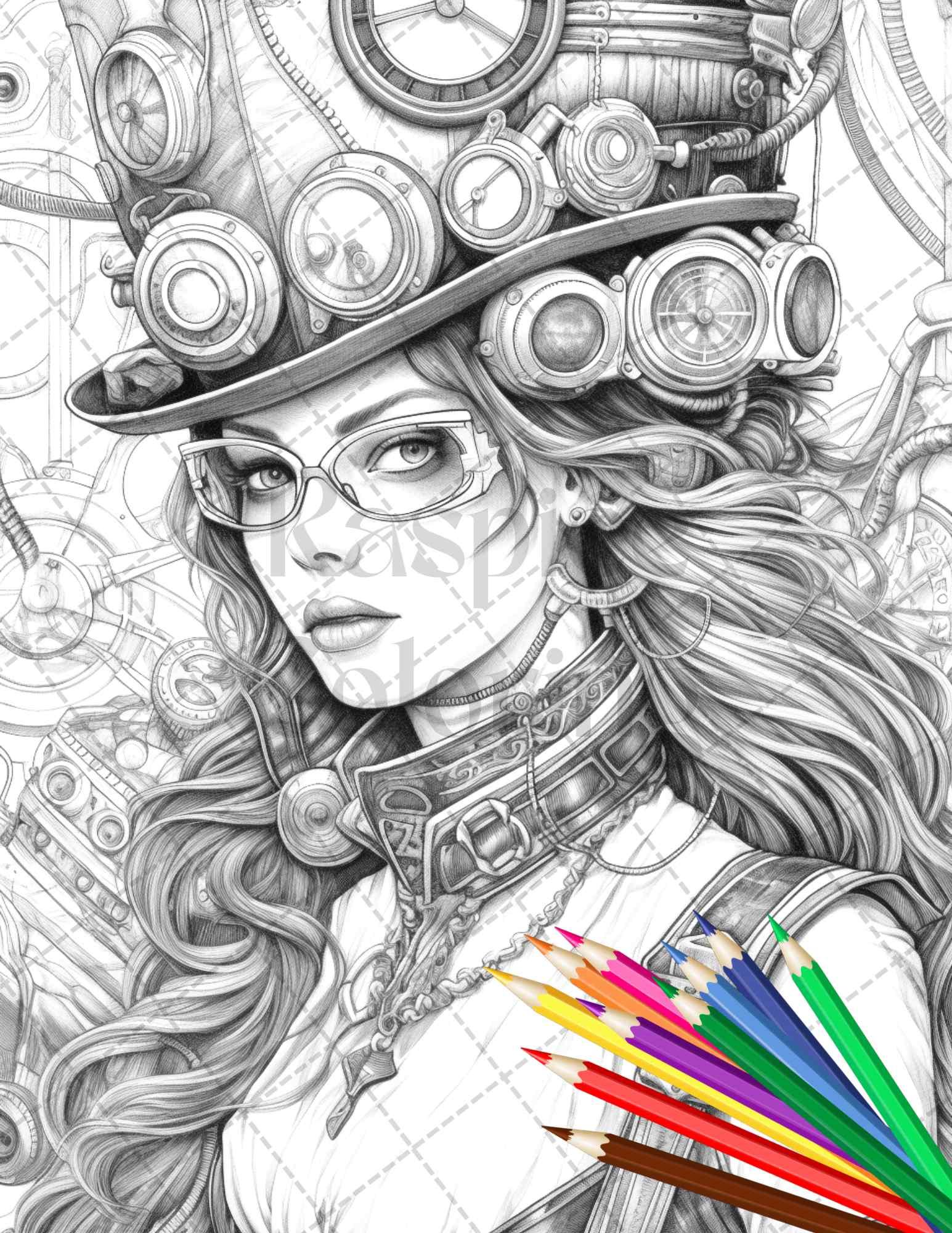 40 Steampunk Ladies Grayscale Coloring Pages Printable for Adults, PDF File Instant Download