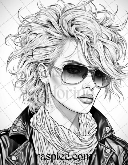 1980s New Wave Pop Star Grayscale Coloring Pages Printable for Adults, PDF File Instant Download