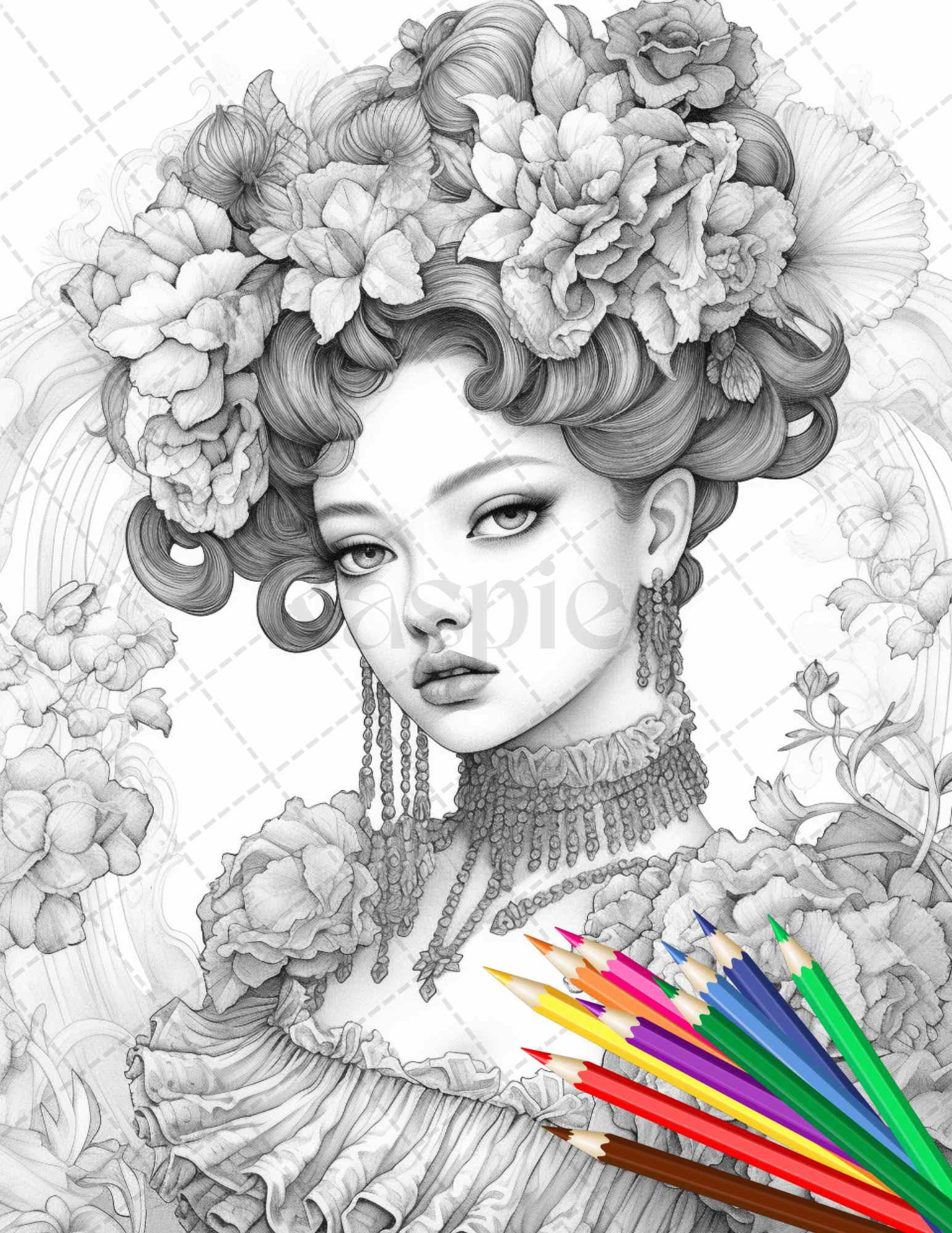 43 Beautiful Victorian Women Grayscale Coloring Pages Printable for Adults, PDF File Instant Download