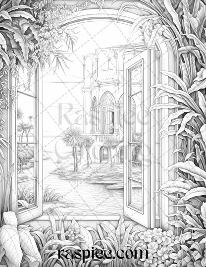 40 Window to Fantasy Worlds Grayscale Coloring Pages Printable for Adults, PDF File Instant Download