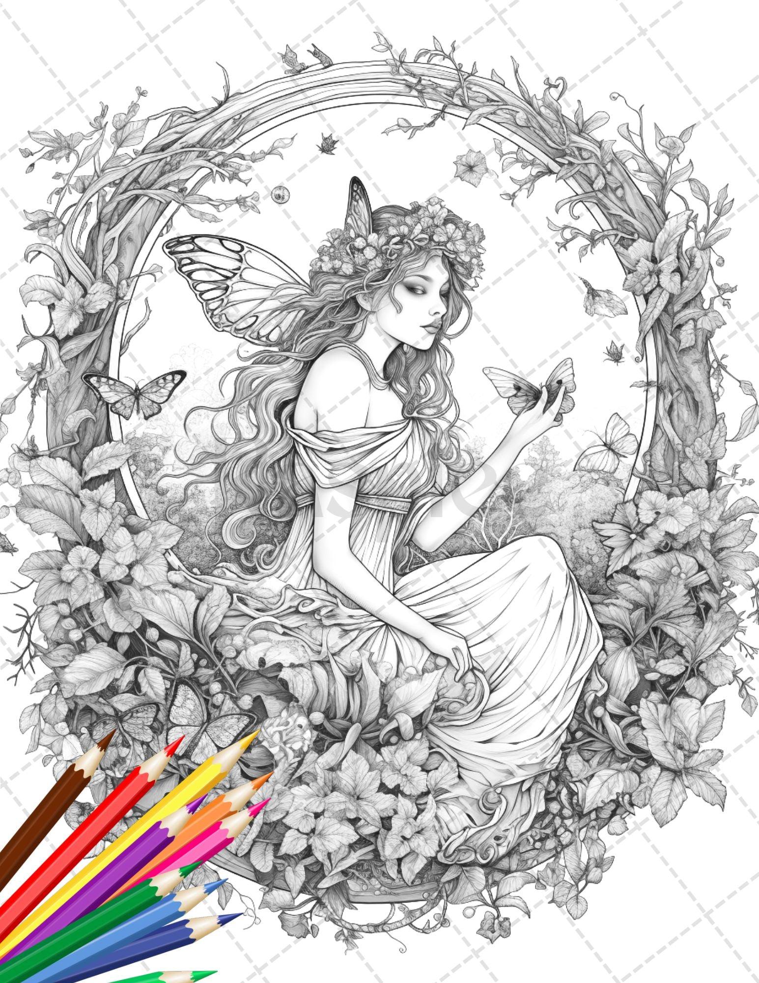 30 Beautiful Fairies Coloring Page Book for Adults, Flower Fairy Grayscale Coloring Book, Fairy Coloring Sheets, Printable PDF File Download