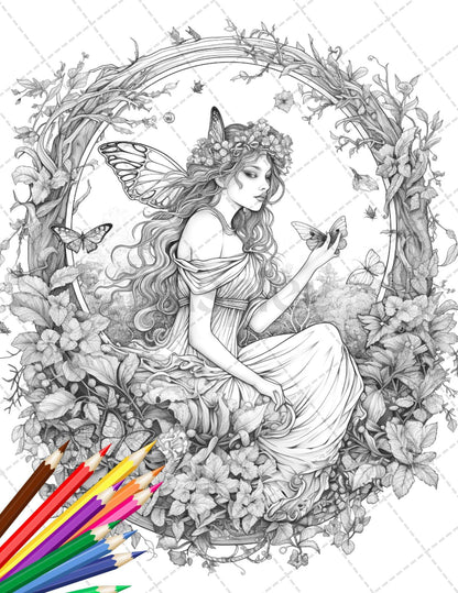 30 Beautiful Fairies Coloring Page Book for Adults, Flower Fairy Grayscale Coloring Book, Fairy Coloring Sheets, Printable PDF File Download