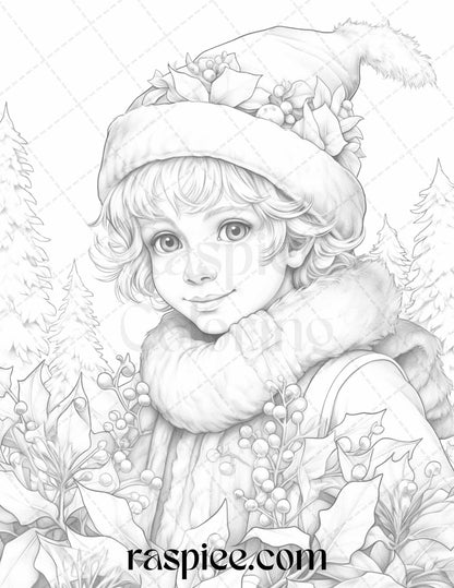 110 Christmas Elves Grayscale Coloring Pages Printable for Adults Kids, PDF File Instant Download