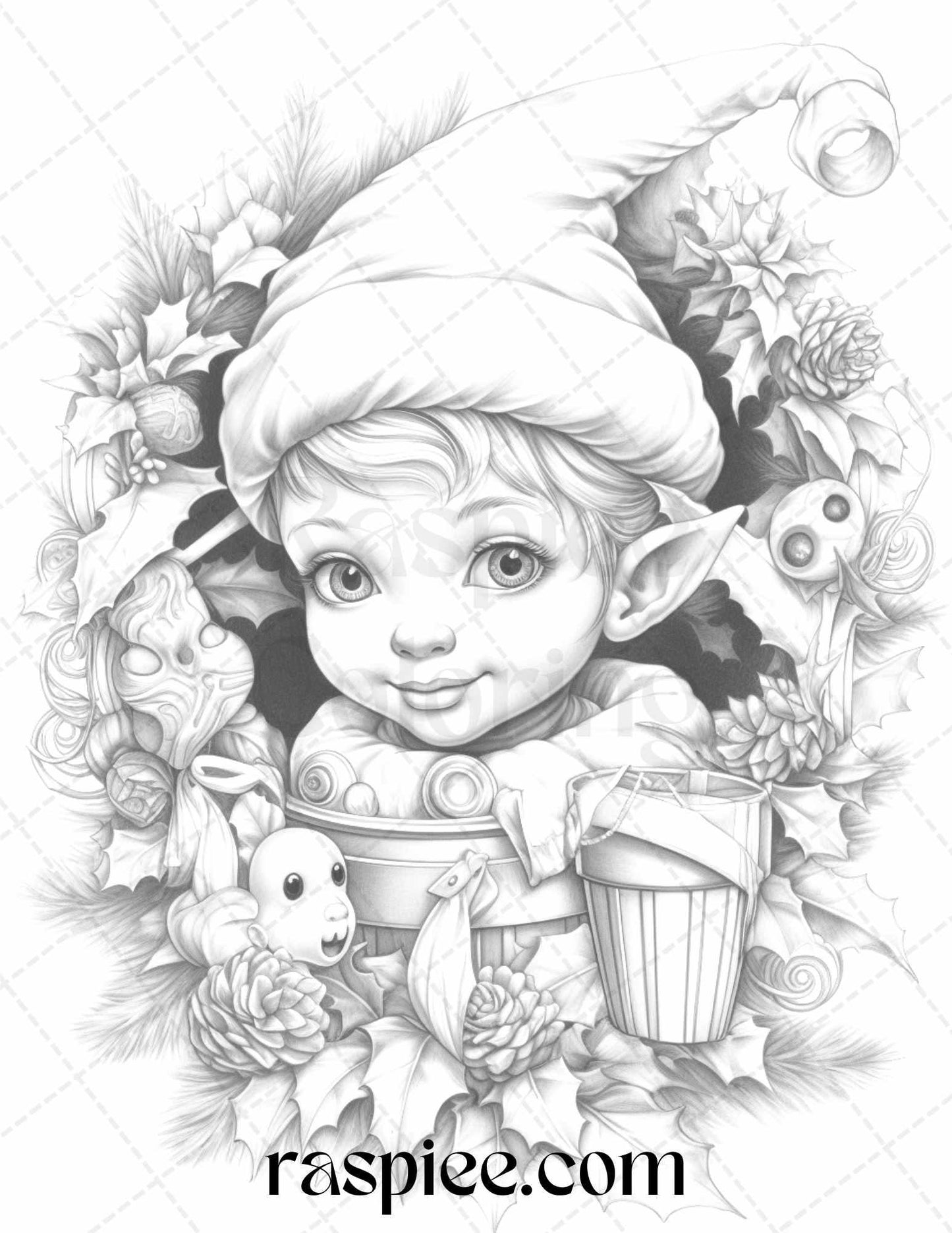 110 Christmas Elves Grayscale Coloring Pages Printable for Adults Kids, PDF File Instant Download