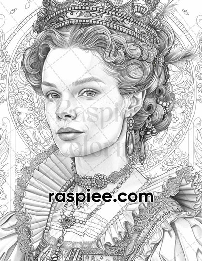 100 Elizabethan British Royal Portraits Grayscale Adult Coloring Pages, Printable PDF Instant Download