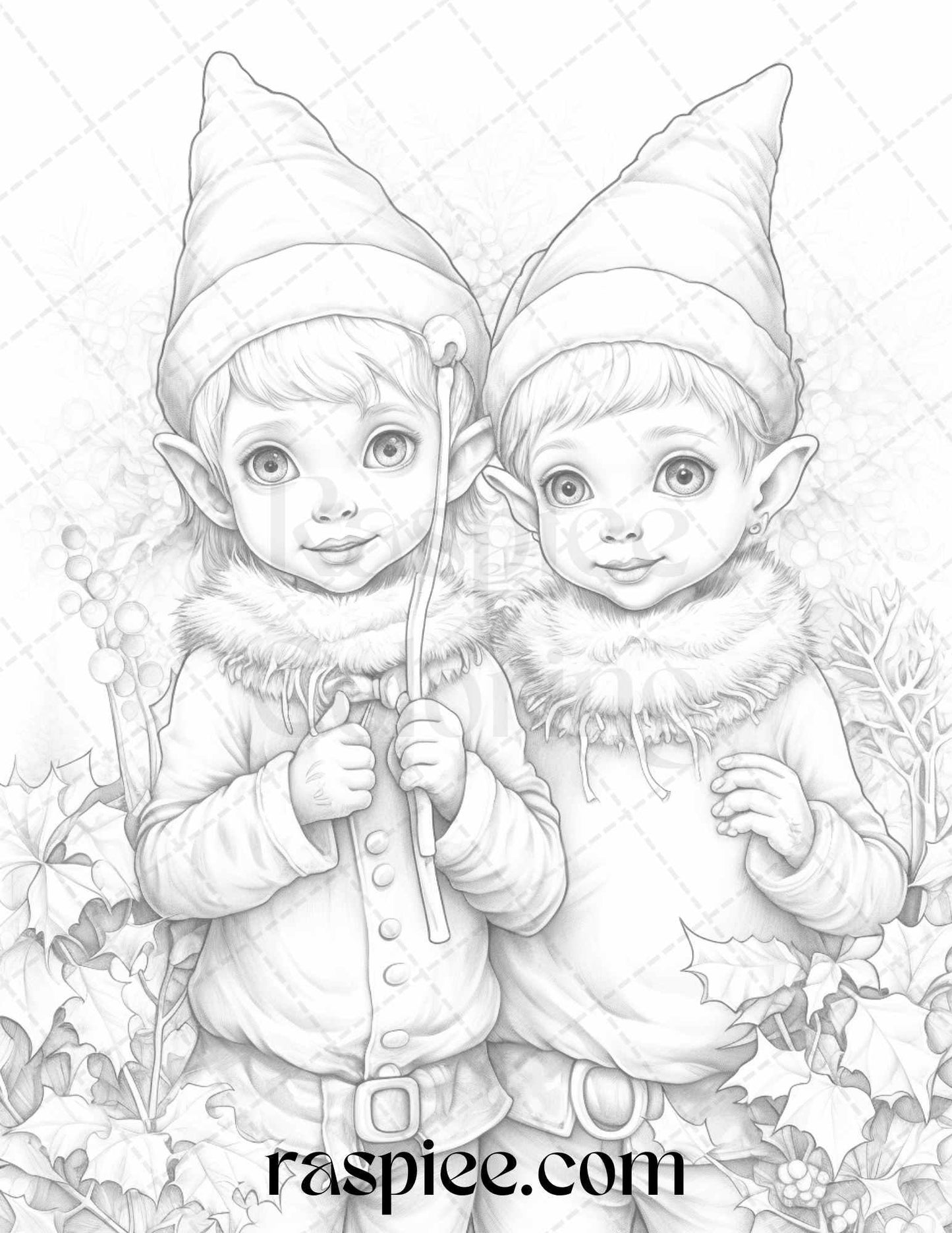 110 Christmas Elves Grayscale Coloring Pages Printable for Adults Kids, PDF File Instant Download