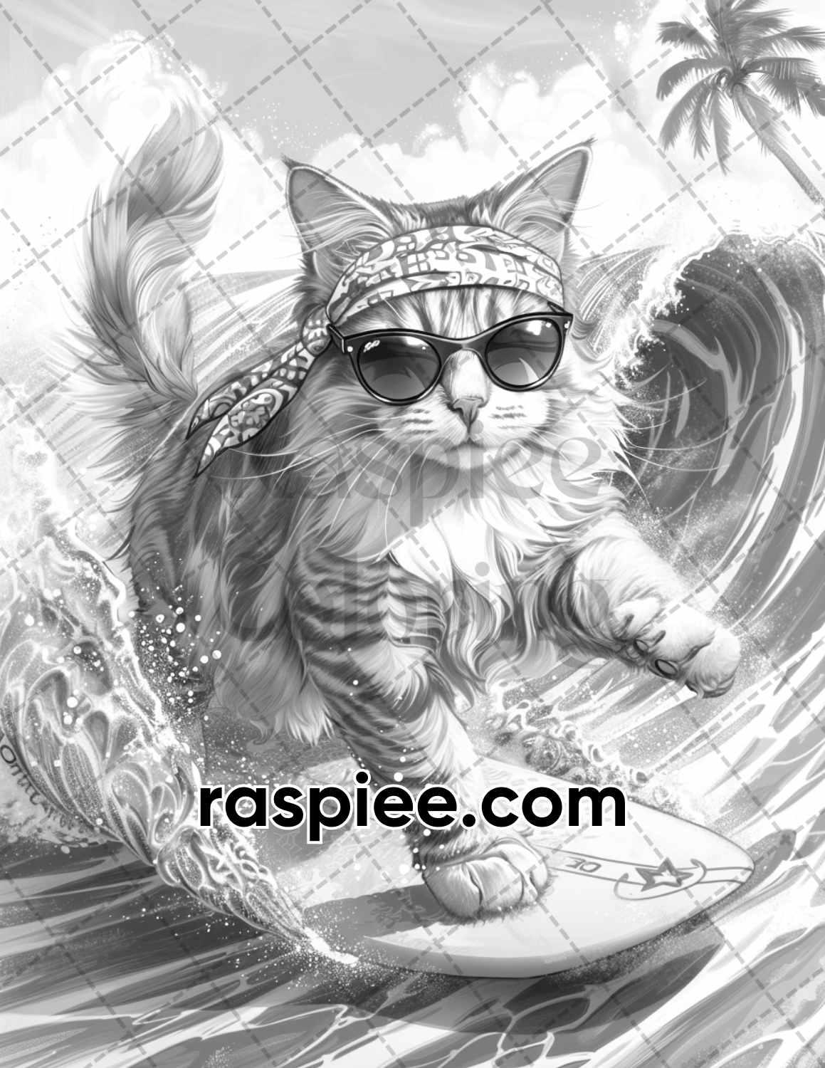 100 Summer Cats Grayscale Adult Coloring Pages, Printable PDF Instant Download