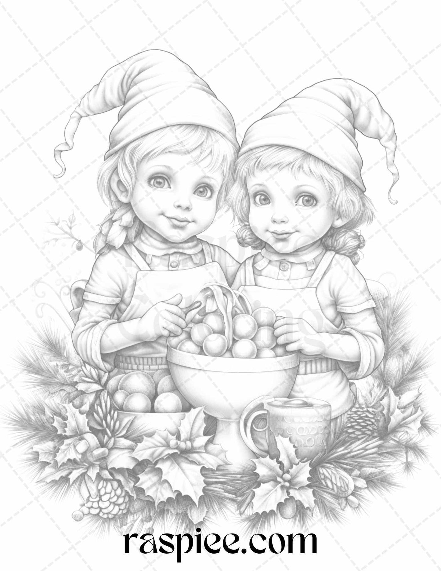 110 Christmas Elves Grayscale Coloring Pages Printable for Adults Kids, PDF File Instant Download