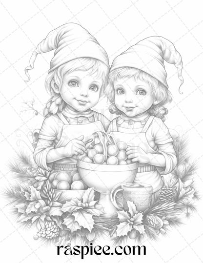 110 Christmas Elves Grayscale Coloring Pages Printable for Adults Kids, PDF File Instant Download