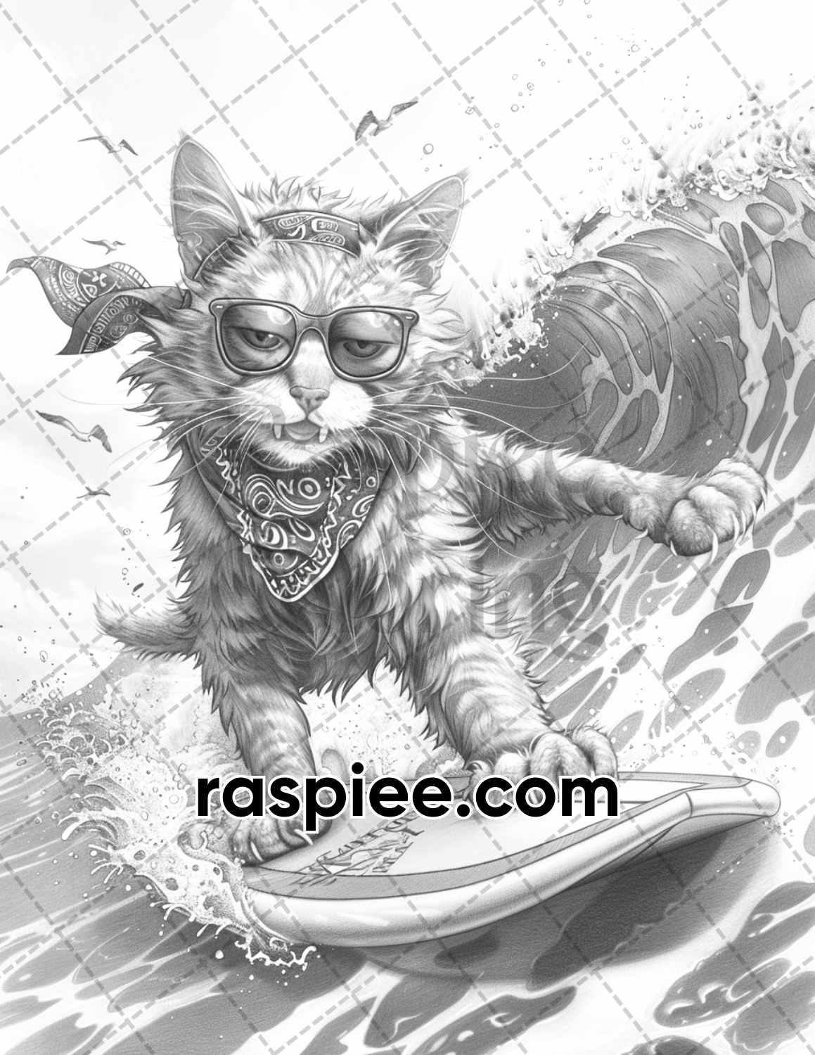 100 Summer Cats Grayscale Adult Coloring Pages, Printable PDF Instant Download