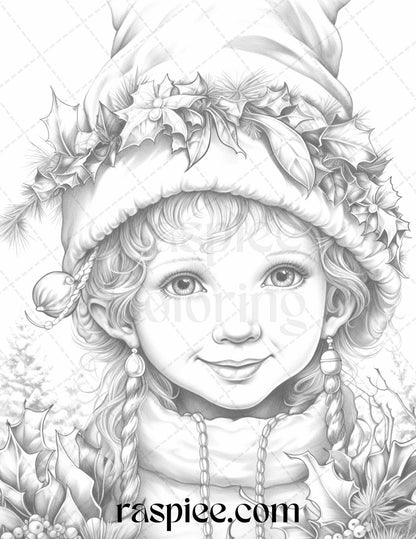 110 Christmas Elves Grayscale Coloring Pages Printable for Adults Kids, PDF File Instant Download