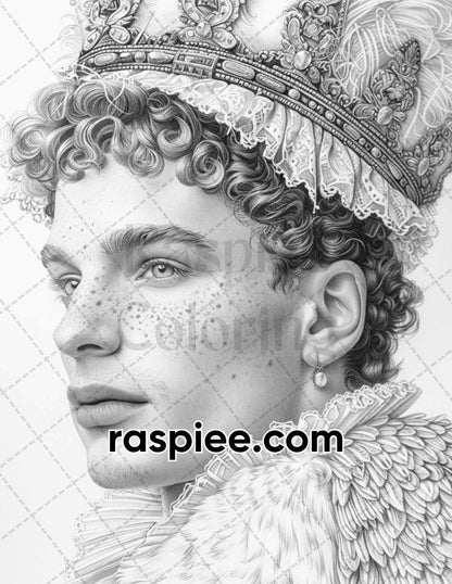 100 Elizabethan British Royal Portraits Grayscale Adult Coloring Pages, Printable PDF Instant Download