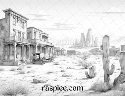 40 Wild West Towns Grayscale Coloring Pages Printable for Adults, PDF File Instant Download