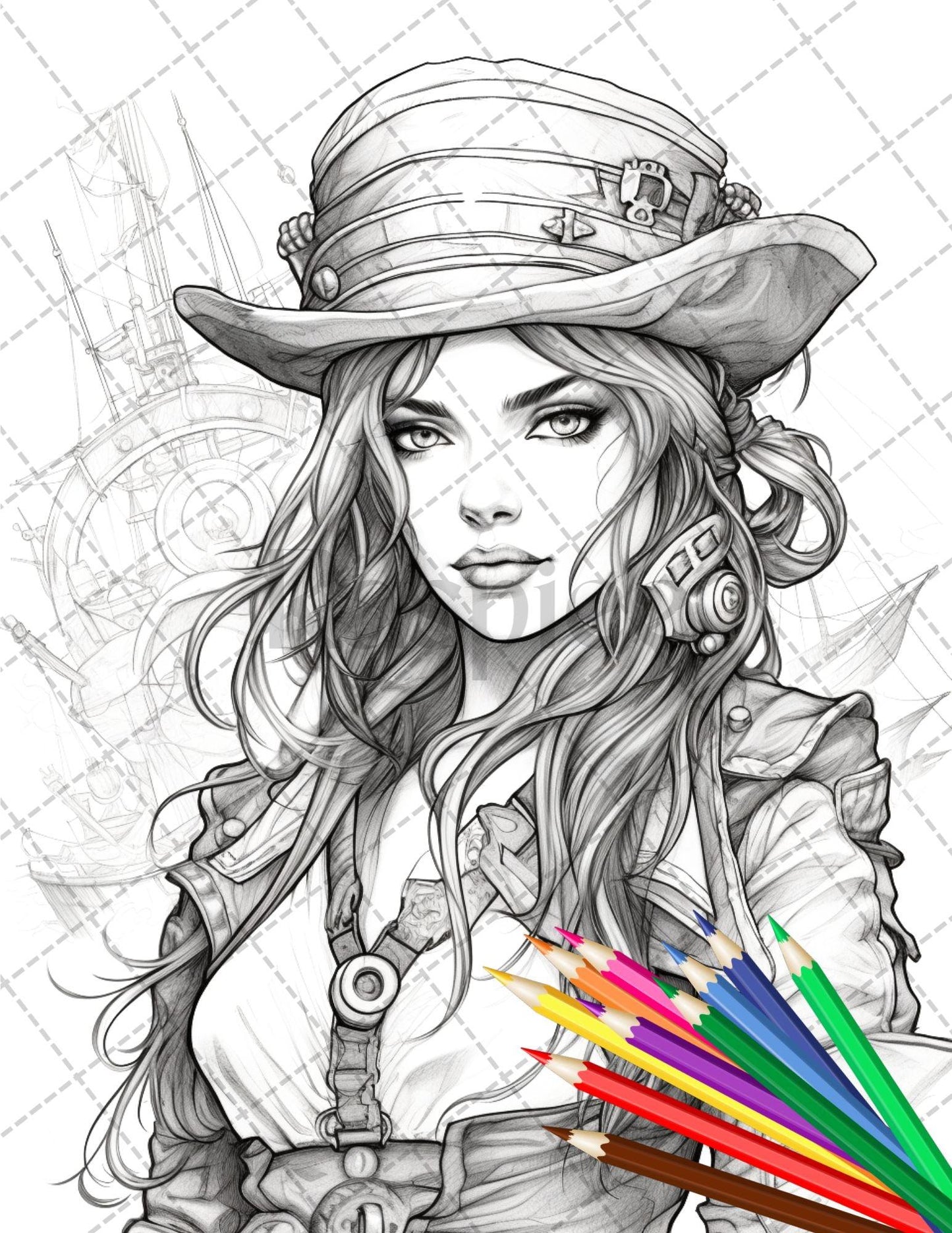 48 Beautiful Pirate Princess Coloring Book Printable for Adults, Grayscale Coloring Page, PDF File Instant Download