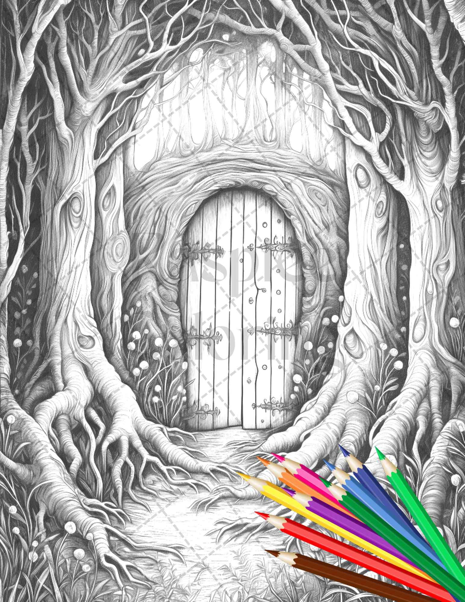 40 Magical Forest Gates Grayscale Coloring Pages Printable for Adults, PDF File Instant Download