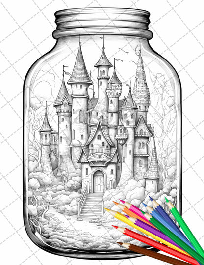 42 Fantasy Castle In Jar Grayscale Coloring Pages Printable for Adults, PDF File Instant Download