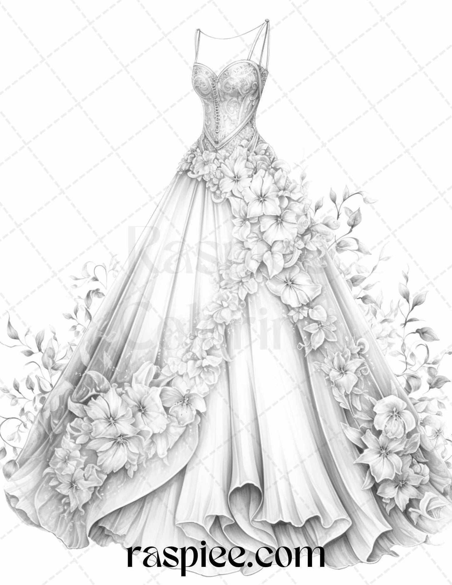 40 Elegant Floral Wedding Dresses Grayscale Coloring Pages Printable for Adults, PDF File Instant Download