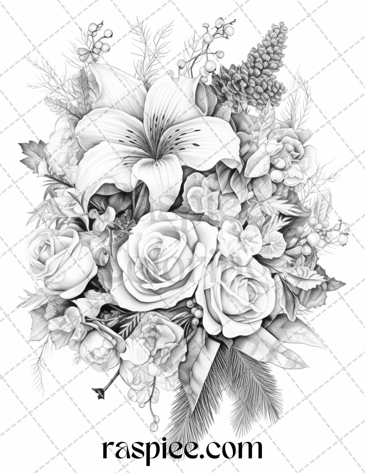 45 Christmas Flowers Grayscale Coloring Pages Printable for Adults, PDF File Instant Download