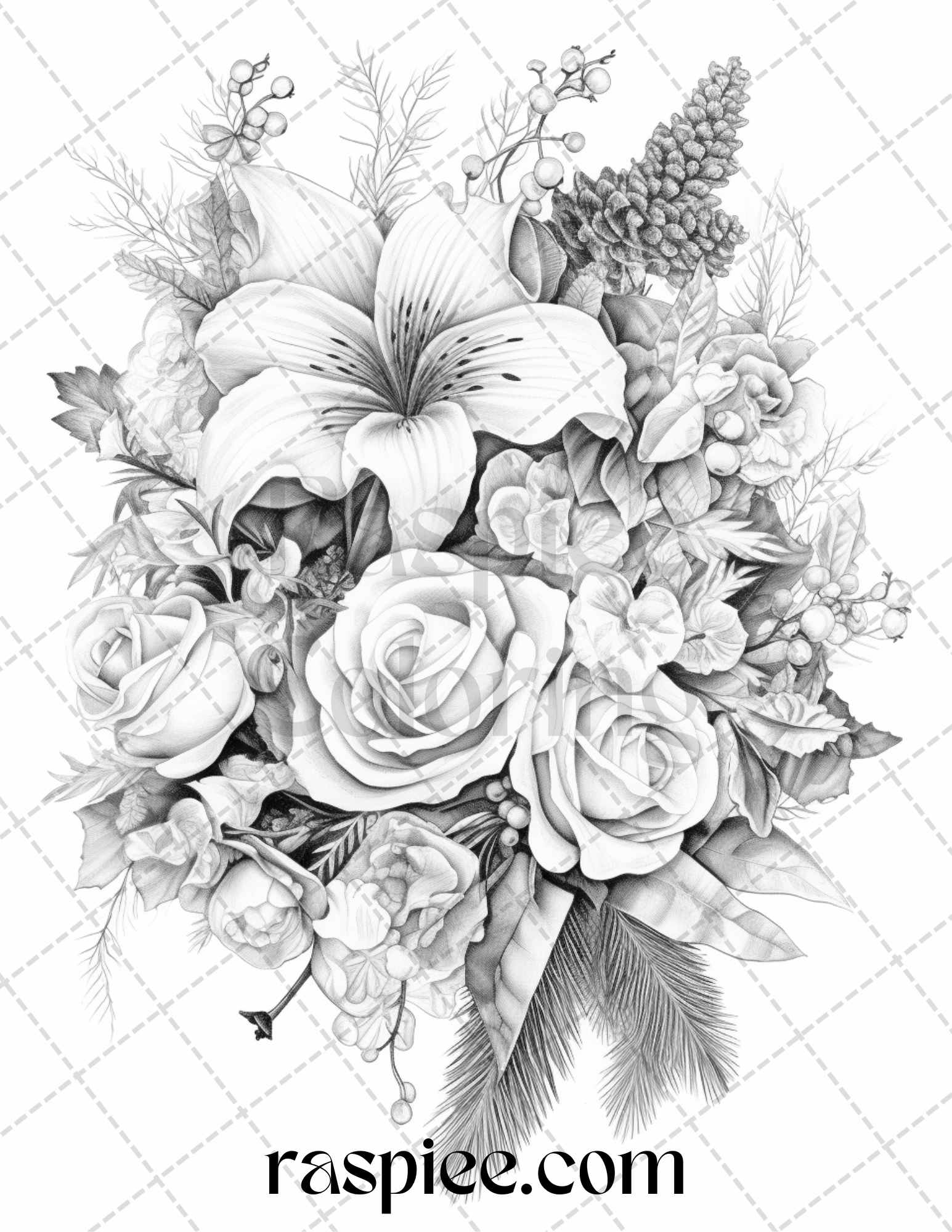 45 Christmas Flowers Grayscale Coloring Pages Printable for Adults, PDF File Instant Download