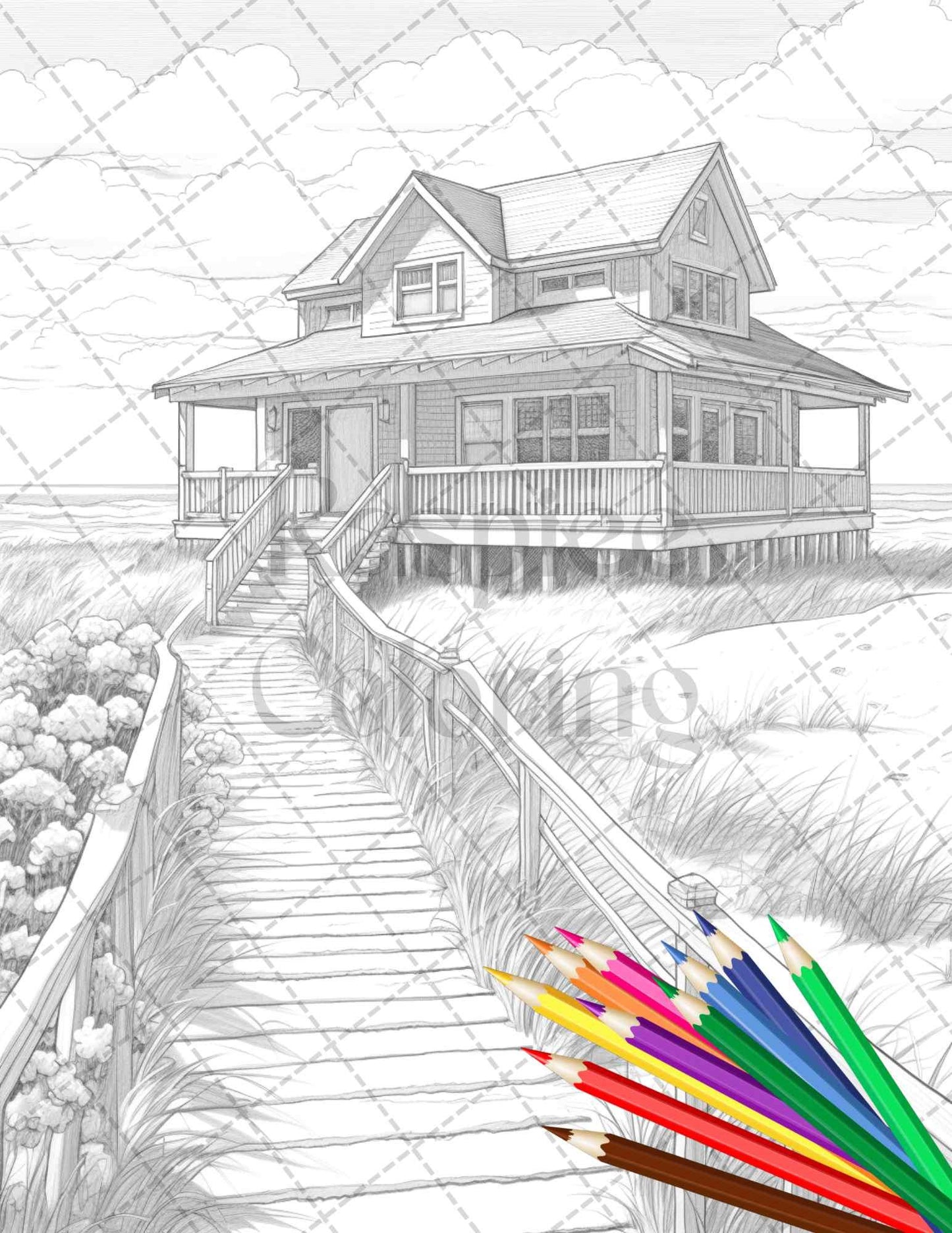 42 Wooden Beach Houses Grayscale Coloring Pages Printable for Adults, PDF File Instant Download