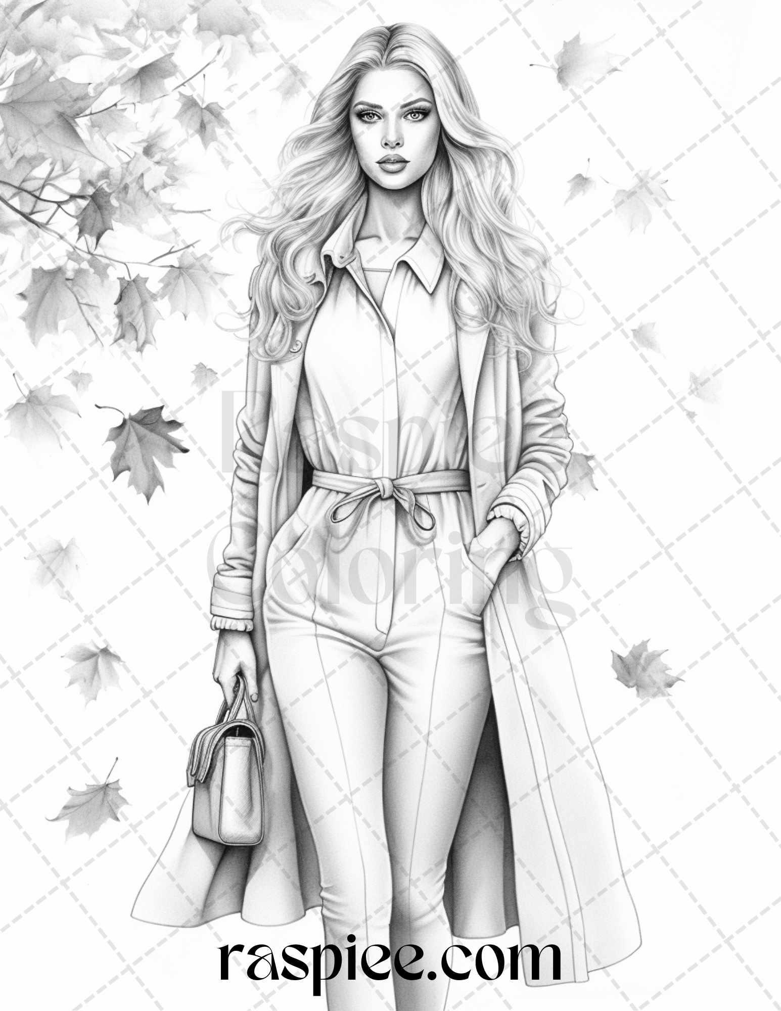 40 Fall Fashion Grayscale Coloring Pages for Adults, Printable PDF File Instant Download