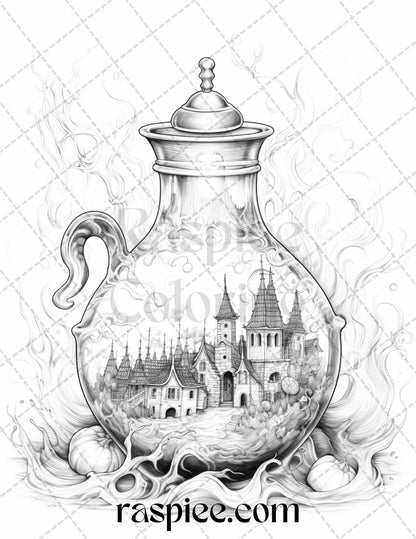 40 Mystical Magic Potions Grayscale Coloring Pages Printable for Adults, PDF File Instant Download