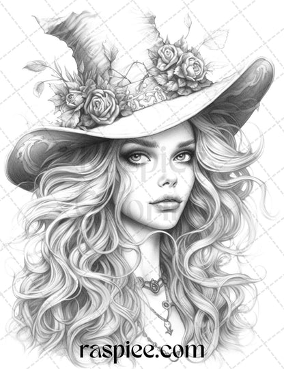 40 Beautiful Witches Grayscale Coloring Pages Printable for Adults, PDF File Instant Download