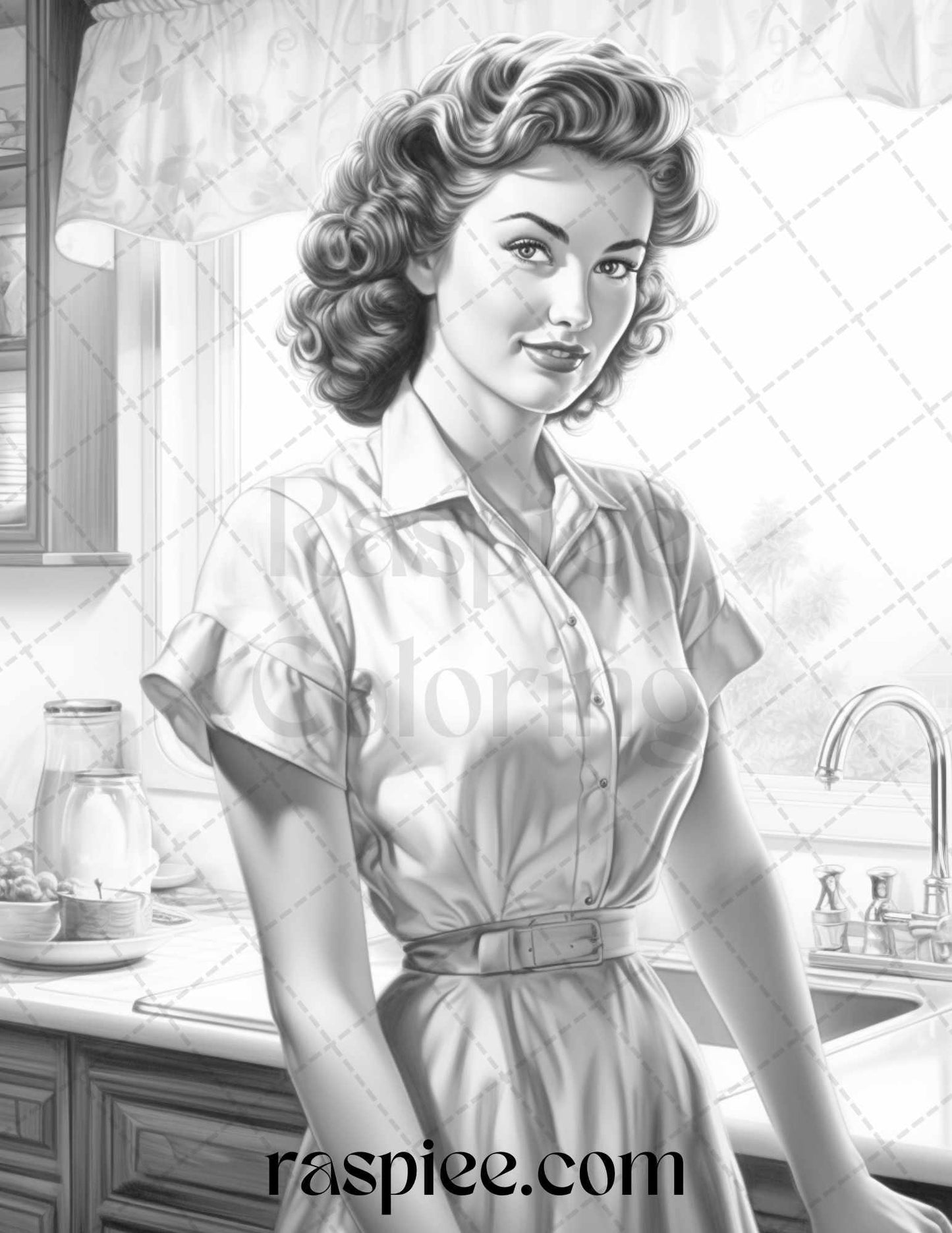 40 Retro Housewives Grayscale Coloring Pages for Adults, Printable PDF File Instant Download