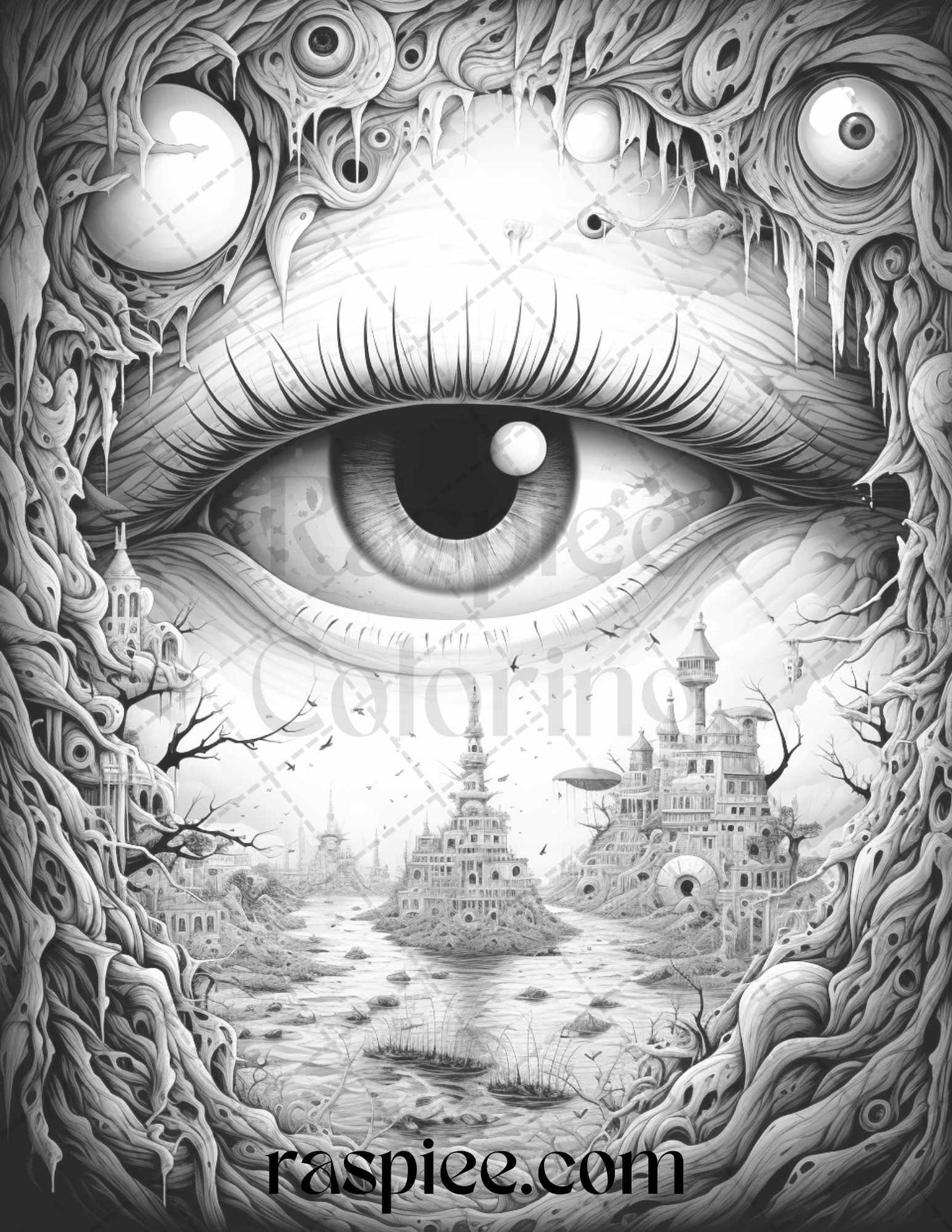 40 Surrealism Eyes Grayscale Coloring Pages Printable for Adults, PDF File Instant Download