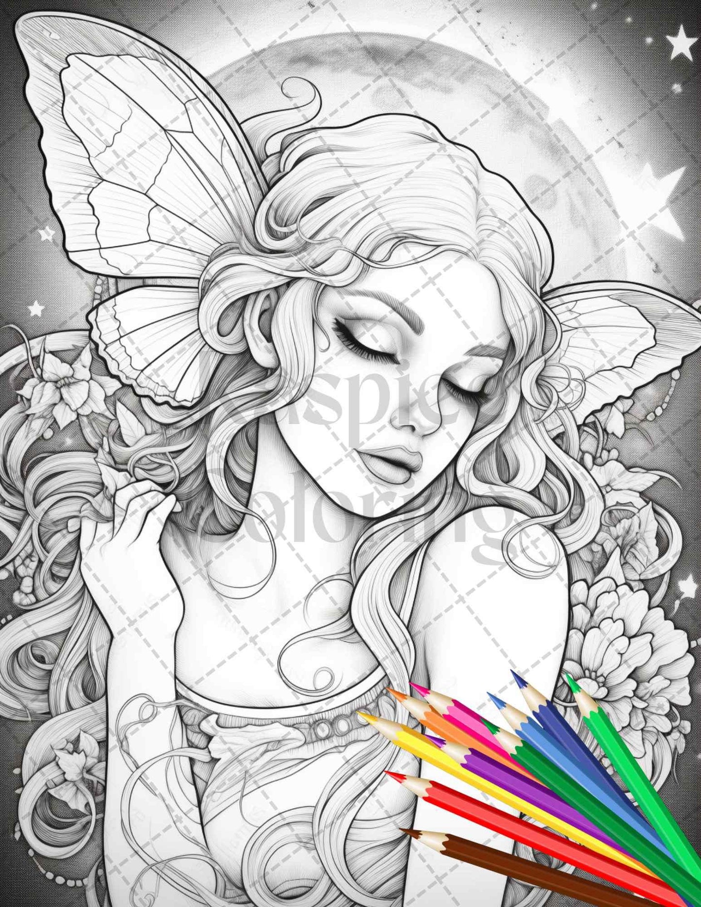 34 Beautiful Moon Fairies Grayscale Coloring Pages Printable for Adults, PDF File Instant Download