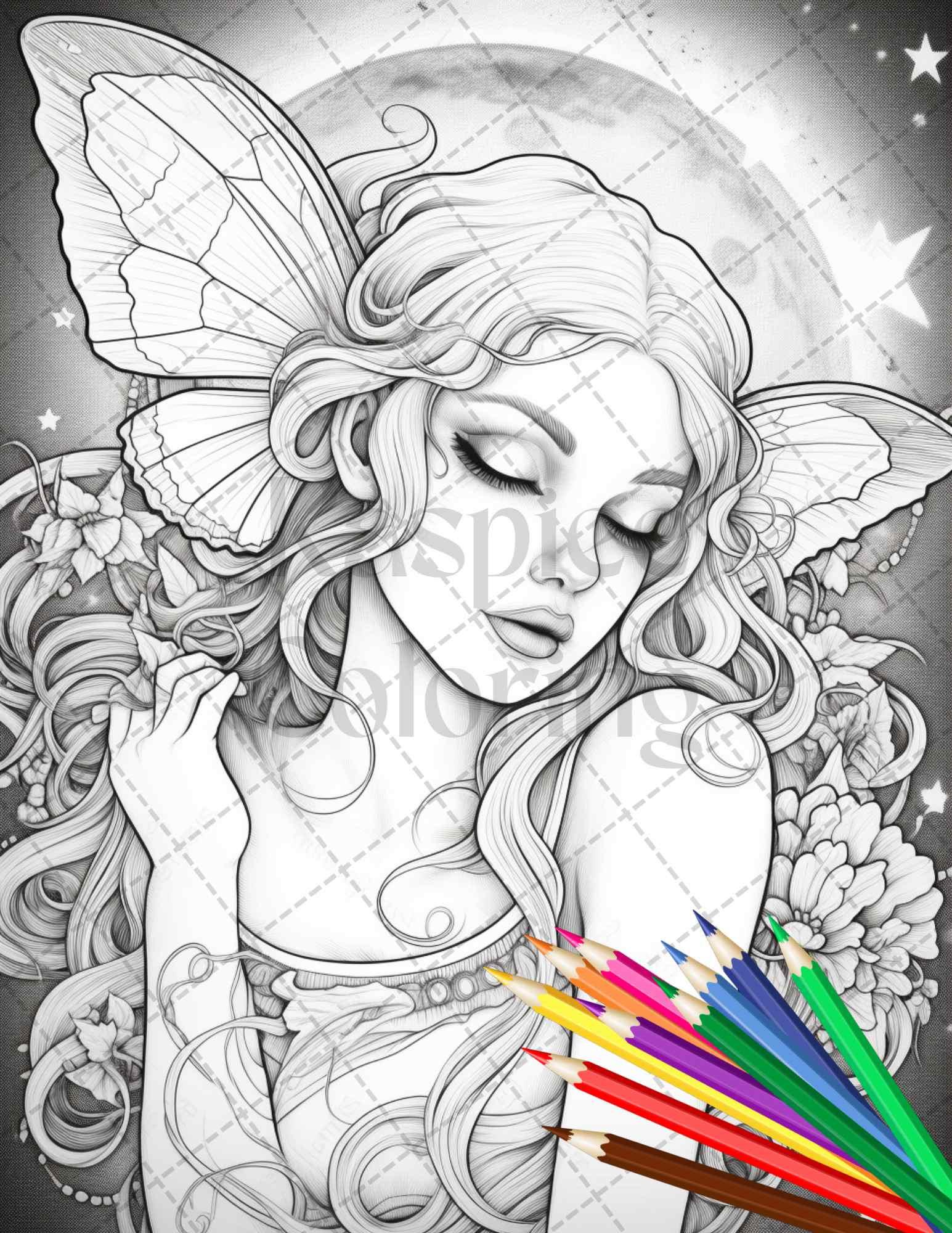 34 Beautiful Moon Fairies Grayscale Coloring Pages Printable for Adults, PDF File Instant Download