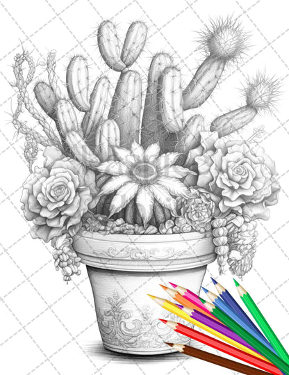 40 Charming Cactus Pots Grayscale Coloring Pages Printable for Adults, PDF File Instant Download