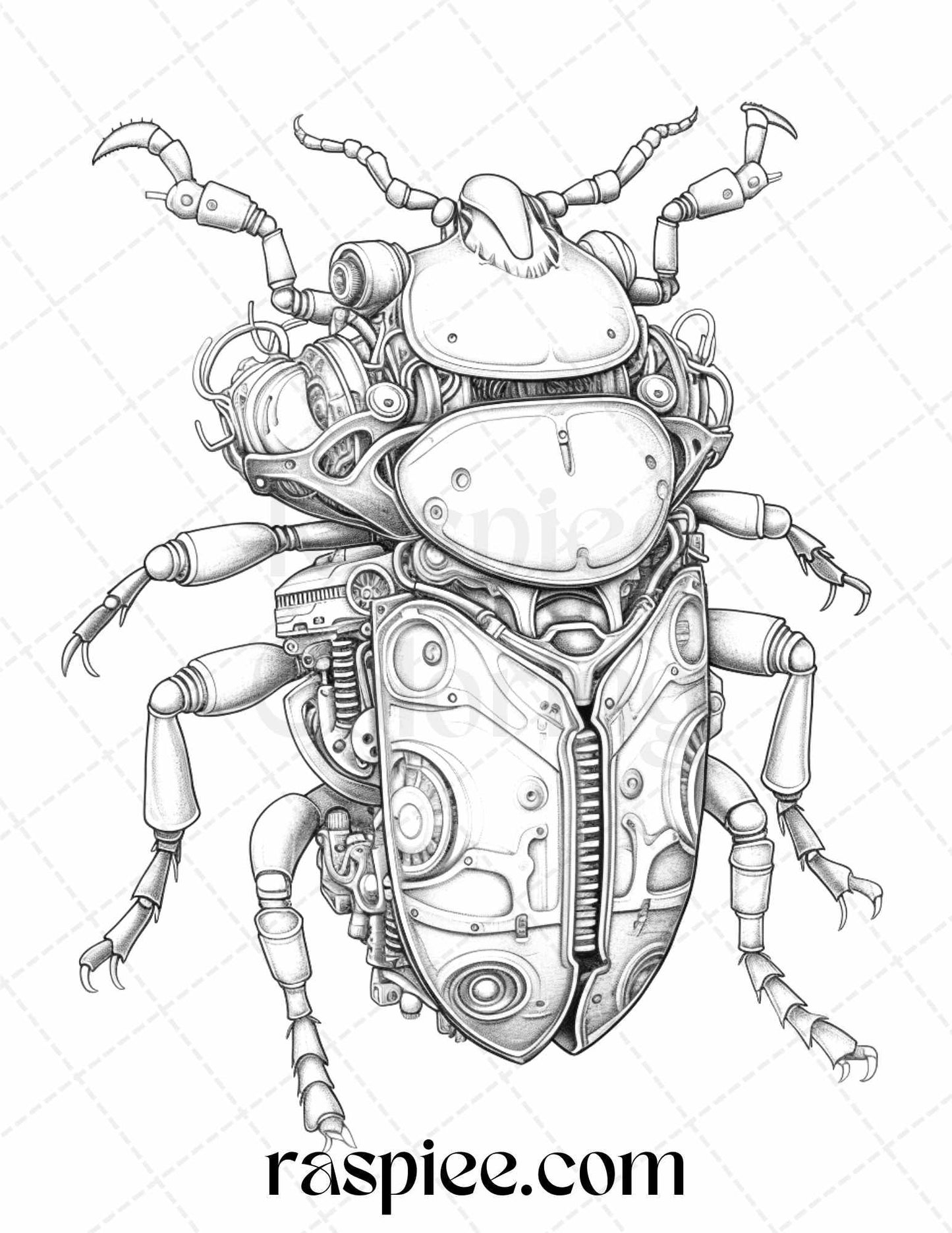 42 Steampunk Bugs Grayscale Coloring Pages Printable for Adults, PDF File Instant Download