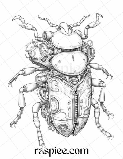 42 Steampunk Bugs Grayscale Coloring Pages Printable for Adults, PDF File Instant Download