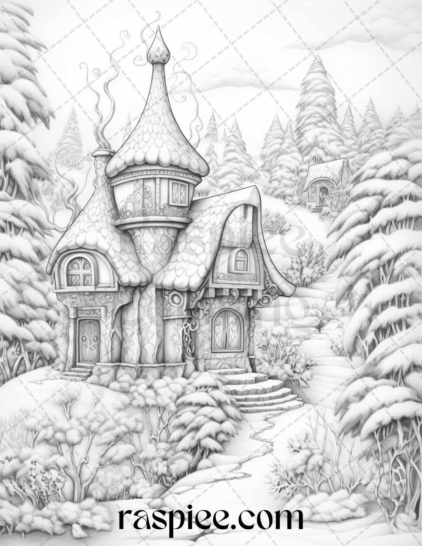 42 Fantasy Christmas Houses Grayscale Coloring Pages Printable for Adults, PDF File Instant Download