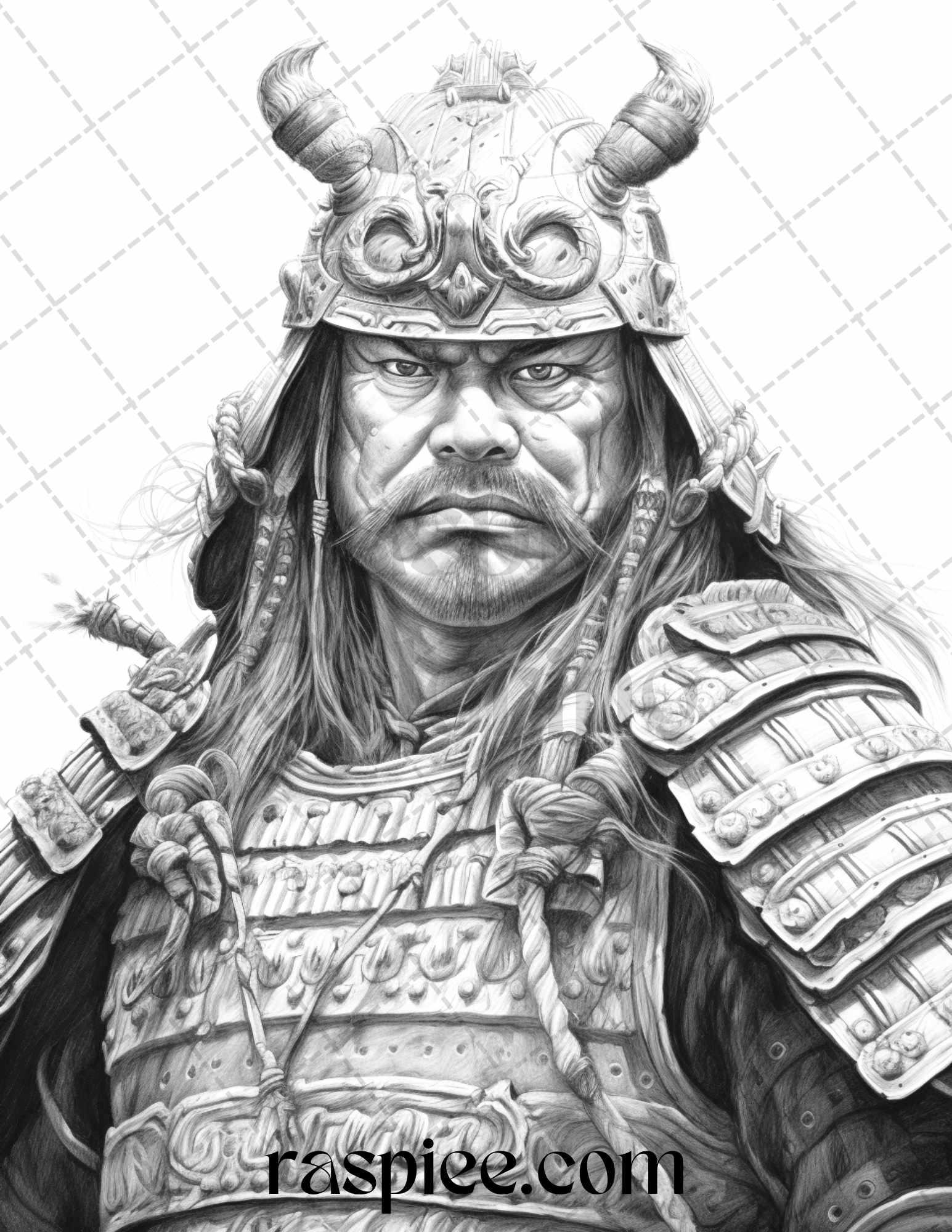 42 Japanese Samurai Grayscale Coloring Pages for Adults, Printable PDF File Instant Download